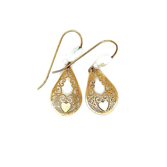 10k Gold Intricate Heart Pearl Dangle Earrings - Picture 1 of 4